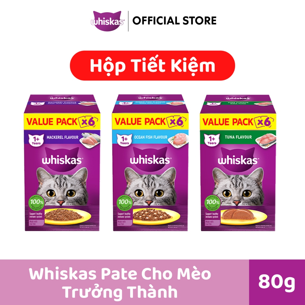 [MỚI - ĐỘC QUYỀN SHOPEE]  WHISKAS Pate Mèo Trưởng Thành 80g – Hộp Tiết Kiệm 5+1 (Tổng 6 gói)
