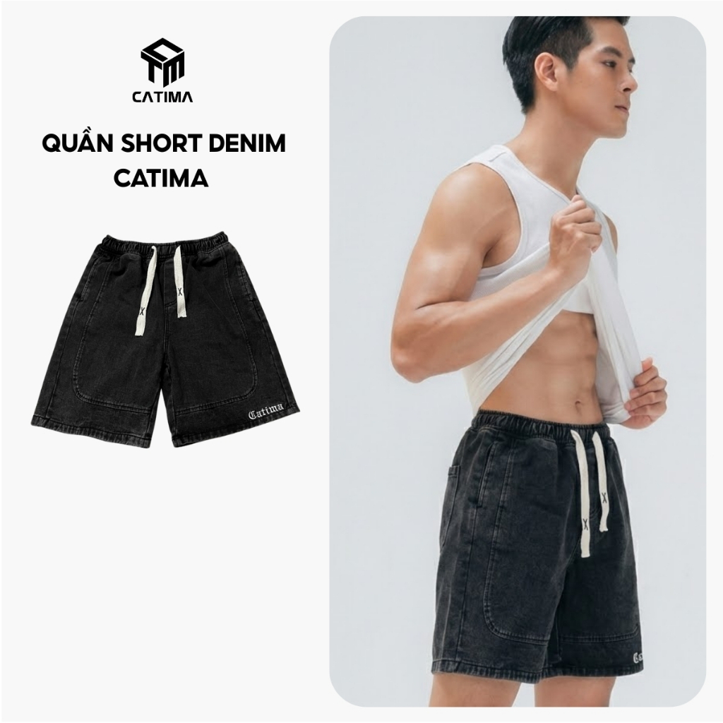 Quần Short Denim Catima QS12 Thoáng Mát Thời Trang - Co giãn 2 chiều thoải mái - Thêu chữ Catima tỉ 