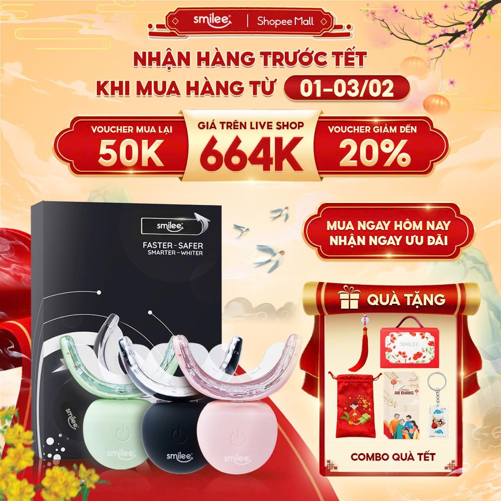 [GIÁ 637K TẠI LIVE SHOP] Trắng răng Smilee Extra, bộ làm trắng răng từ 2-6 tone tại nhà, sẵn kèm 3 b