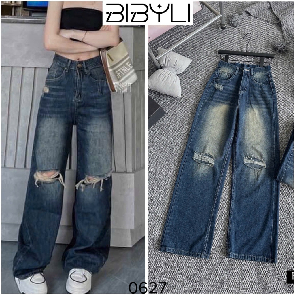 Quần Jean Nữ BIBYLI - Quần Jeans Nữ Ống Suông Rộng Xanh Đậm Cạp Cao Tôn Dáng Mã 5659