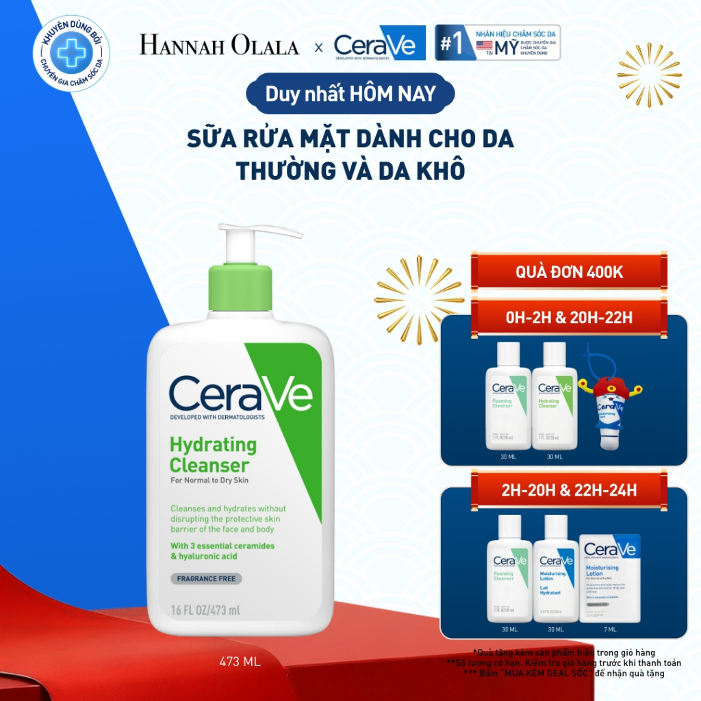 Sữa rửa mặt giúp làm sạch sâu dành cho da thường và da khô Cerave Hydrating Cleanser 473ML