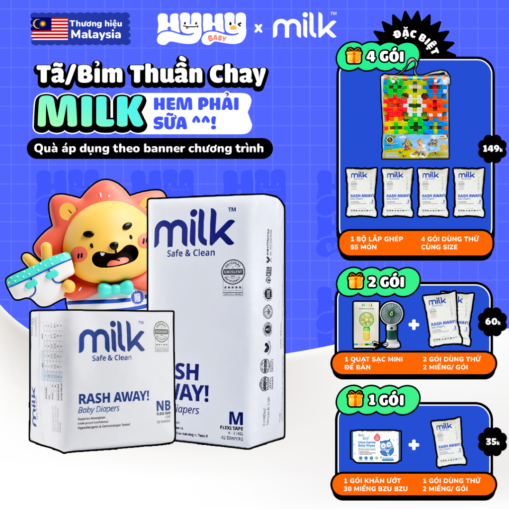 Tã Bỉm Thuần Chay MILK Malaysia Cao Cấp Cho Bé - Bỉm Dán Và Quần Siêu Thấm Hút, Siêu Mềm, An Toàn Ch