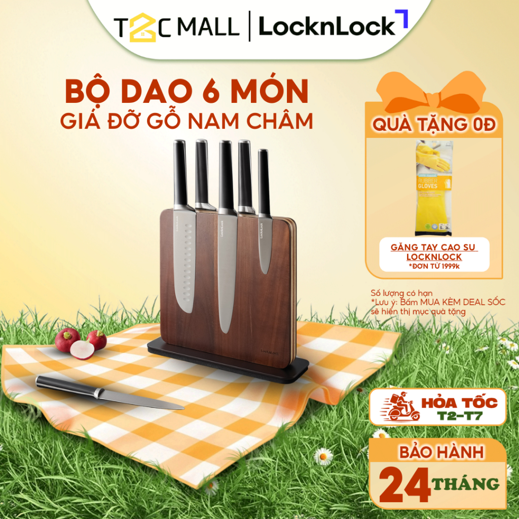 Bộ Dao Nhà Bếp 6 Món LocknLock Cao Cấp, Thép Không Gỉ, Có Giá Đỡ Nam Châm Gỗ CKK804 - T2C Mall