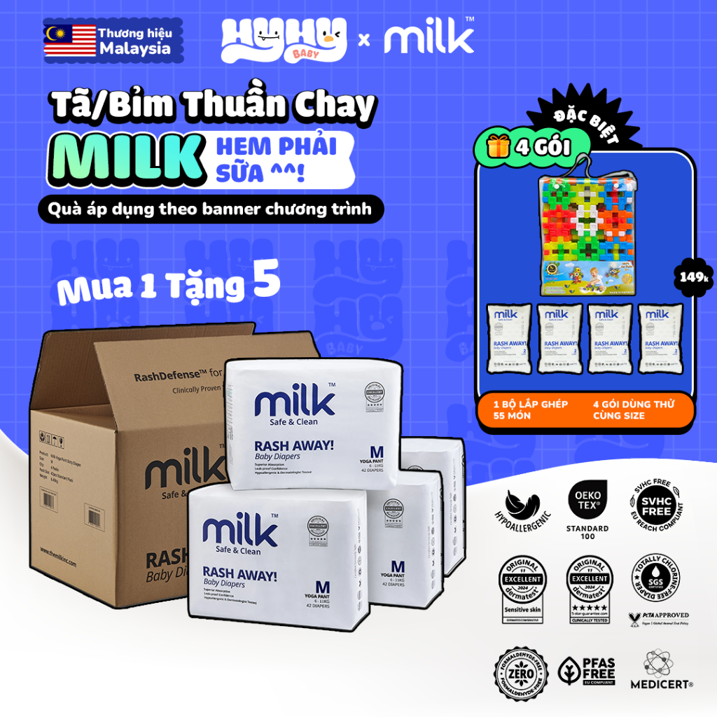 [COMBO 1 THÙNG 4 BỊCH] Tã Bỉm Thuần Chay MILK Malaysia Cao Cấp Cho Bé - Bỉm Dán Và Quần Siêu Thấm Hú