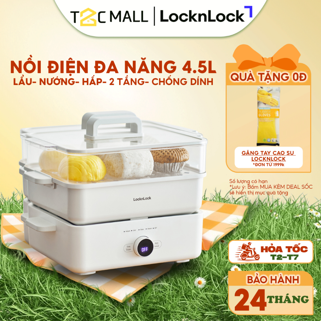 Nồi Lẩu Nướng Điện Đa Năng LocknLock 4.5L, Nồi Hấp Điện 2 Tầng Chống Dính EJP154IVY - T2C Mall