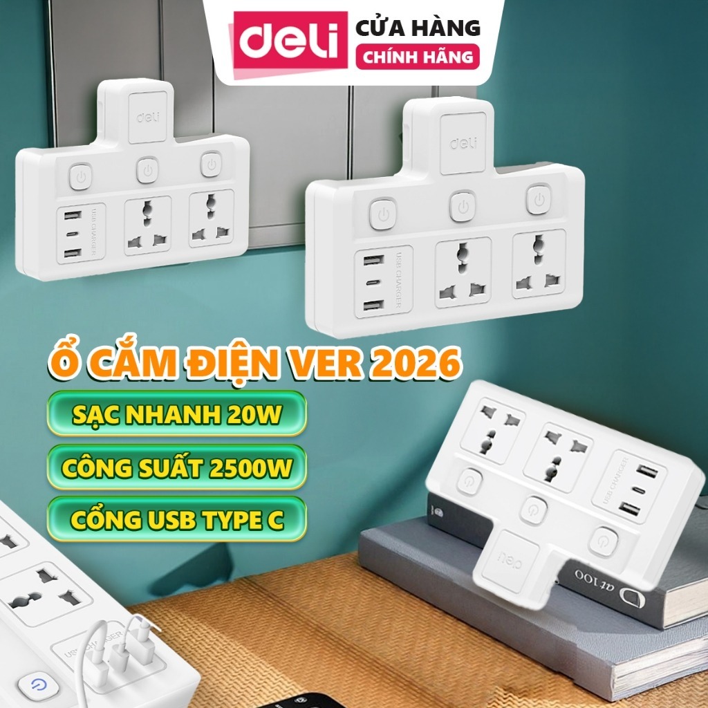 Ổ Cắm Chia Điện Mẫu Mới Deli Ổ Chia Điện 2500W Tích Hợp Cổng USB &TypeC Cải Tiến Sạc Nhanh Tiện Lợi