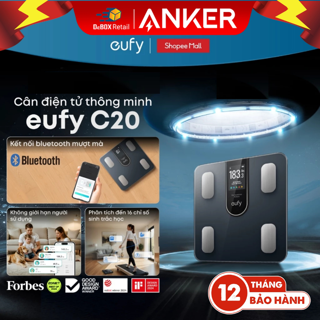 Cân điện tử thông minh Bluetooth Eufy C20 (by Anker) T9130 | Đo 16 chỉ số | Tích hợp App sức khỏe - 