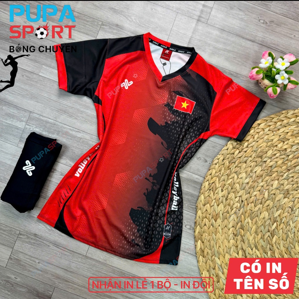 AMAC - [CHÍNH HÃNG-PupaSport] BST Quần Áo Bóng Chuyền VIỆT NAM A2 - Màu Đỏ Đen, Bóng Đá Nam Nữ Chính