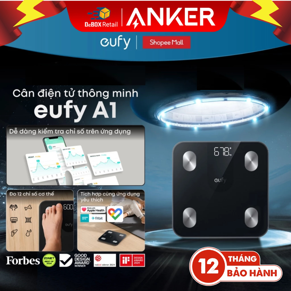 Cân điện tử thông minh Bluetooth Eufy A1 (by Anker)| Đo 12 chỉ số | Tích hợp App sức khỏe - Chính hã