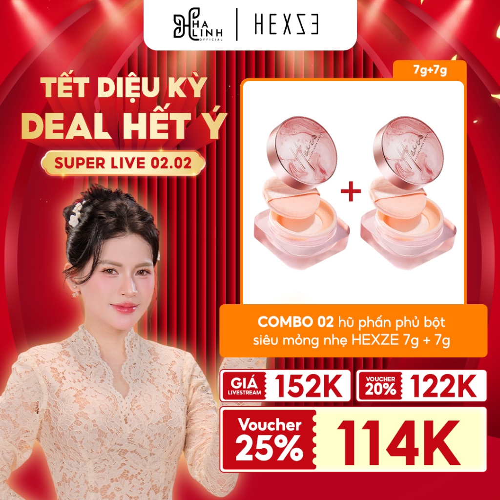 [Võ HÀ LINH X HEXZE] COMBO 2 hũ phấn phủ bột siêu mỏng nhẹ HEXZE 7g + 7g kiềm dầu, chống thấm nước, 