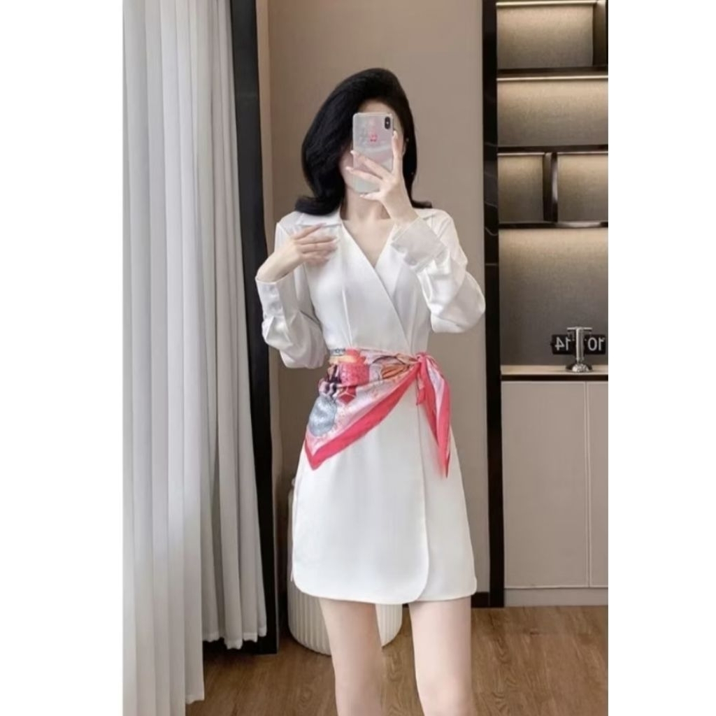 Đầm suông sơ mi kèm khăn cao cấp