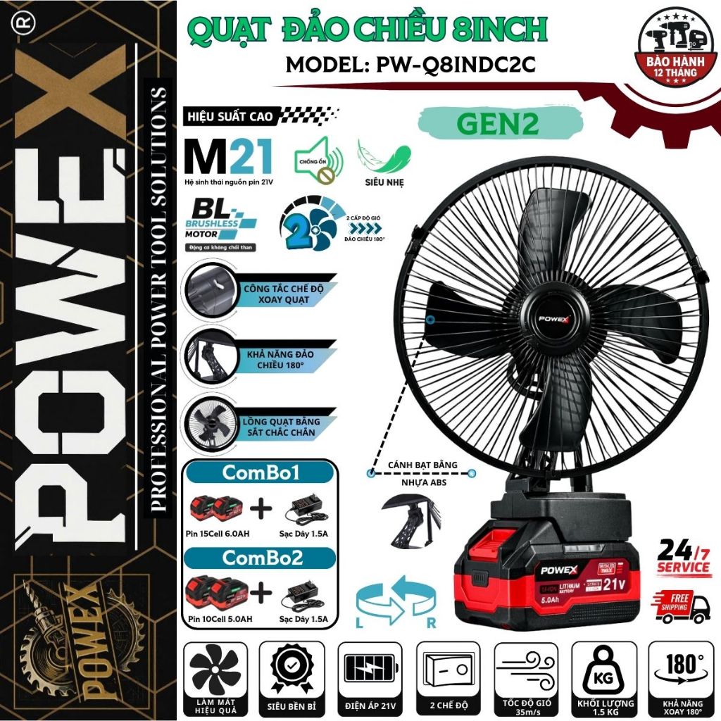 Quạt 8 inch đảo chiều POWEX 21V – 2 tốc độ gió, công suất mạnh, chân phổ thông M21, dùng pin điện 18