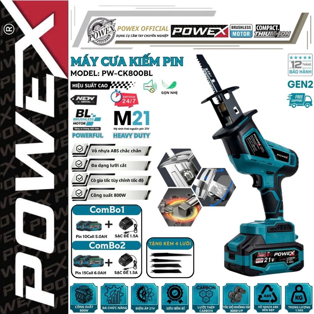 Máy cưa kiếm POWEX PW-CK800BL – 800W mạnh mẽ, BL Motor, cắt gỗ/sắt/nhựa, tặng 4 lưỡi hiệu suất cao