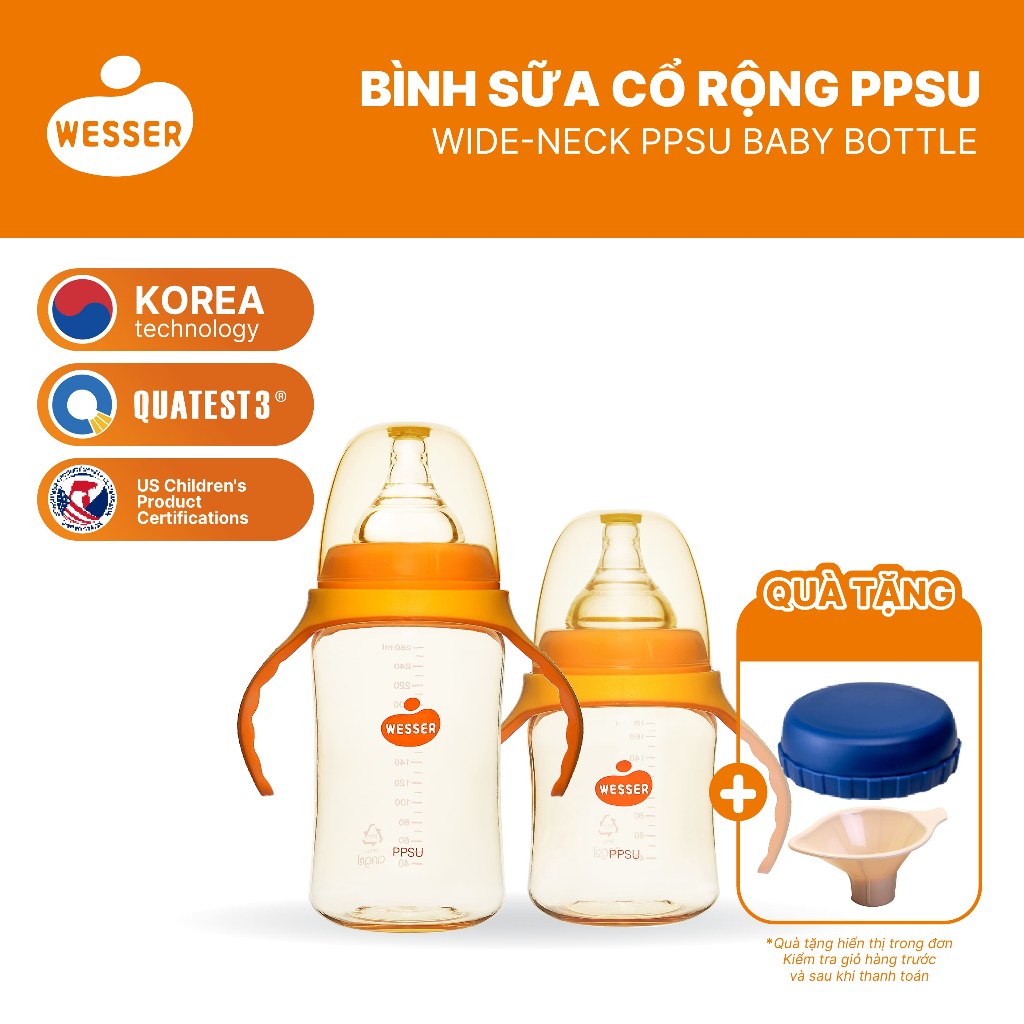 Bình sữa cổ RỘNG PPSU Wesser 180ml/260ml (PPSU MÀU VÀNG MẬT ONG)