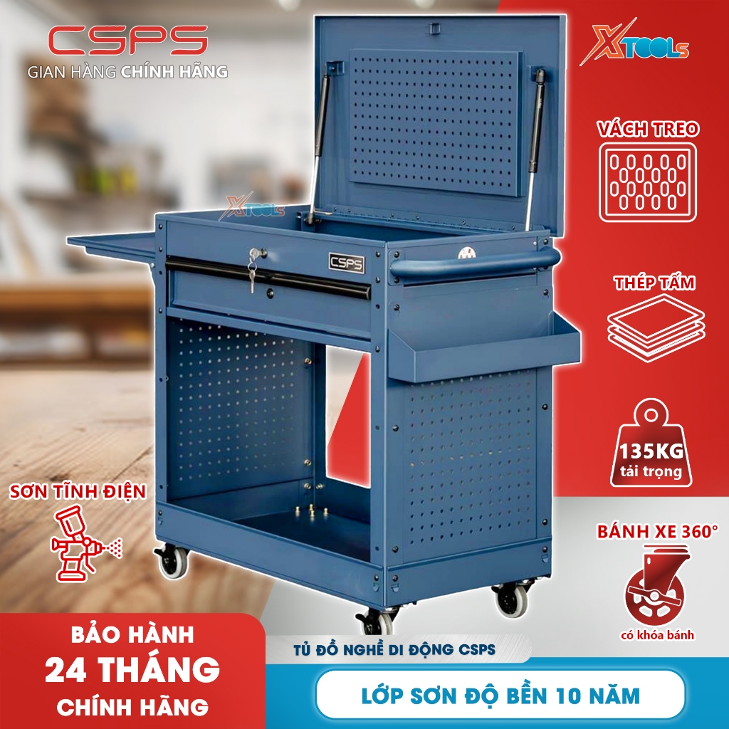 Tủ đồ nghề di động CSPS 79cm 1 hộc kéo màu xanh, tải135kg 4 bánh xe di động, xe đẩy di động, tủ di đ