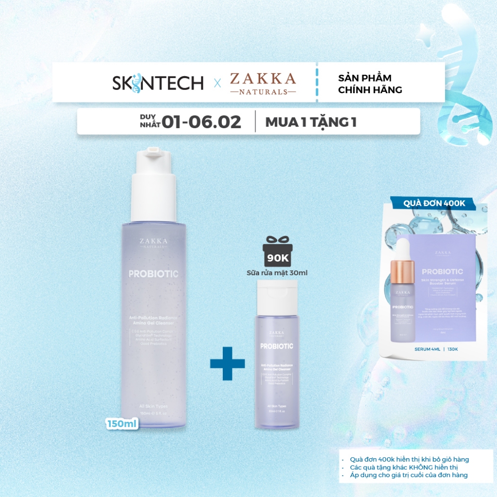 Gel Rửa Mặt Sạch Bụi Mịn Probiotic Anti-Pollution Radiance Amino Gel Zakka Naturals 150ml