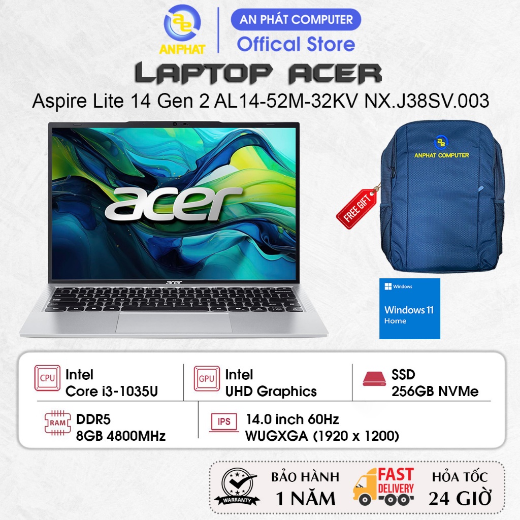 Laptop Acer Aspire Lite 14 Gen 2 AL14-52M-32KV NX.J38SV.003, Core i3-1305U, 8GB RAM, 256GB SSD, Win1