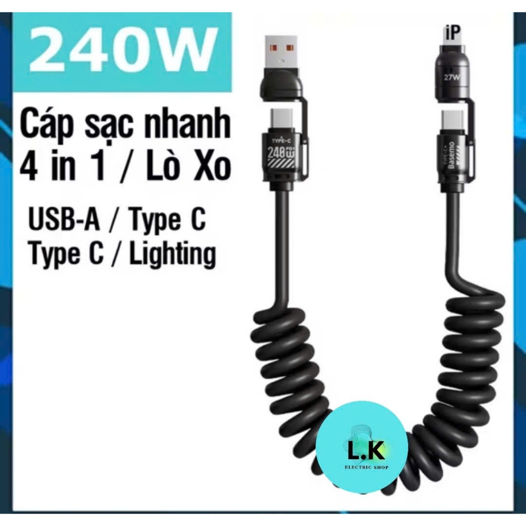 Cáp Sạc Lò Xo Đa Năng 240W Cáp Sạc Nhanh 4 IN 1 Chống Rối 240W 65W 100W cho điện thoại laptop ô tô A