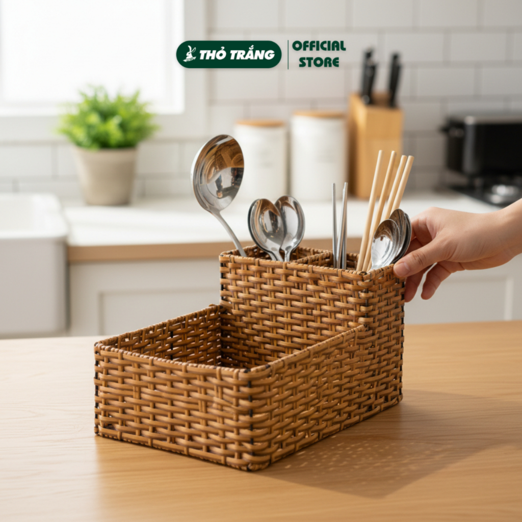 Khay nhựa giả mây tre đan đựng thìa đũa, ống tăm, giấy ăn, các lọ gia vị