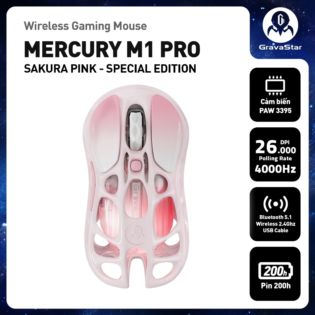 Chuột không dây Gaming GravaStar Mercury M1 Pro - Cảm biến PAW3395, 26000DPI