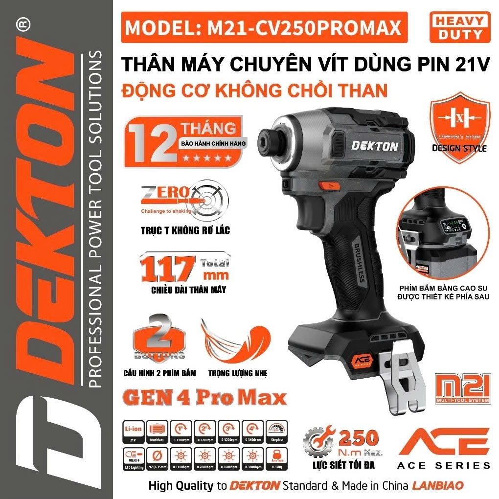 Máy Chuyên Vít Dekton Gen 4 250Nm M21-CV250PROMAX – Motor Brushless – Chân Pin Phổ Thông – Bảo hành 