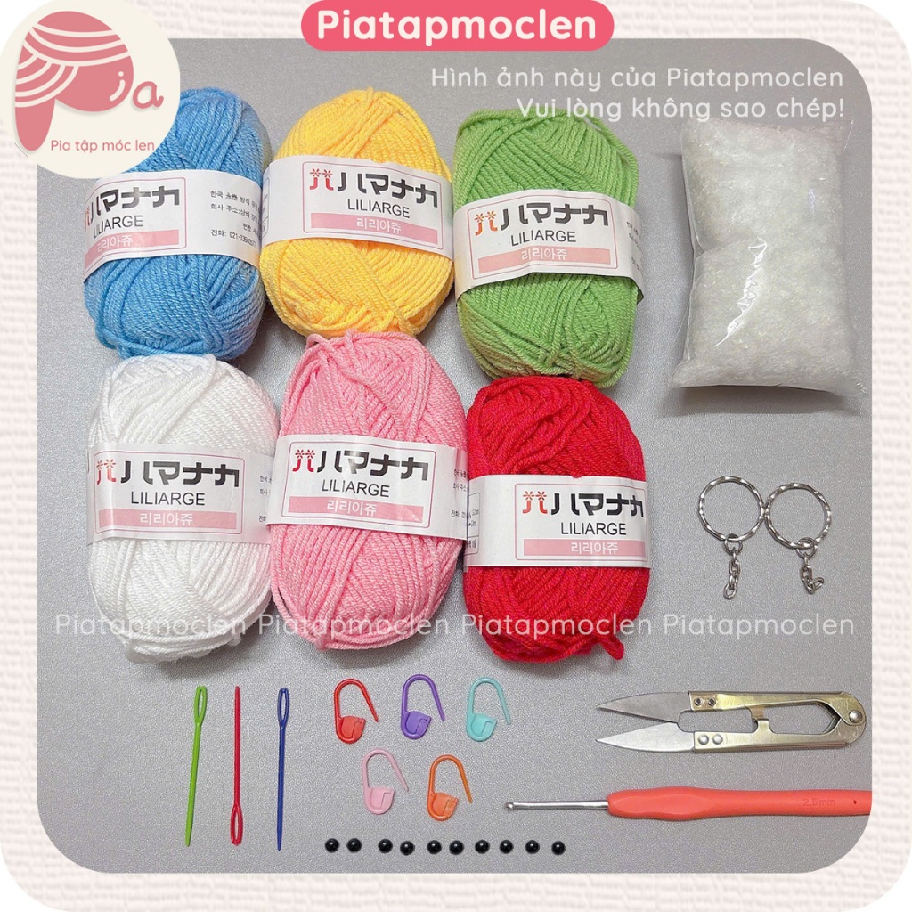[Tặng Kéo Bấm+Bông Gòn] Combo 6 Cuộn Len Hàn 25G Đầy Đủ Phụ Kiện - Set Móc Len Milk Cotton 25G