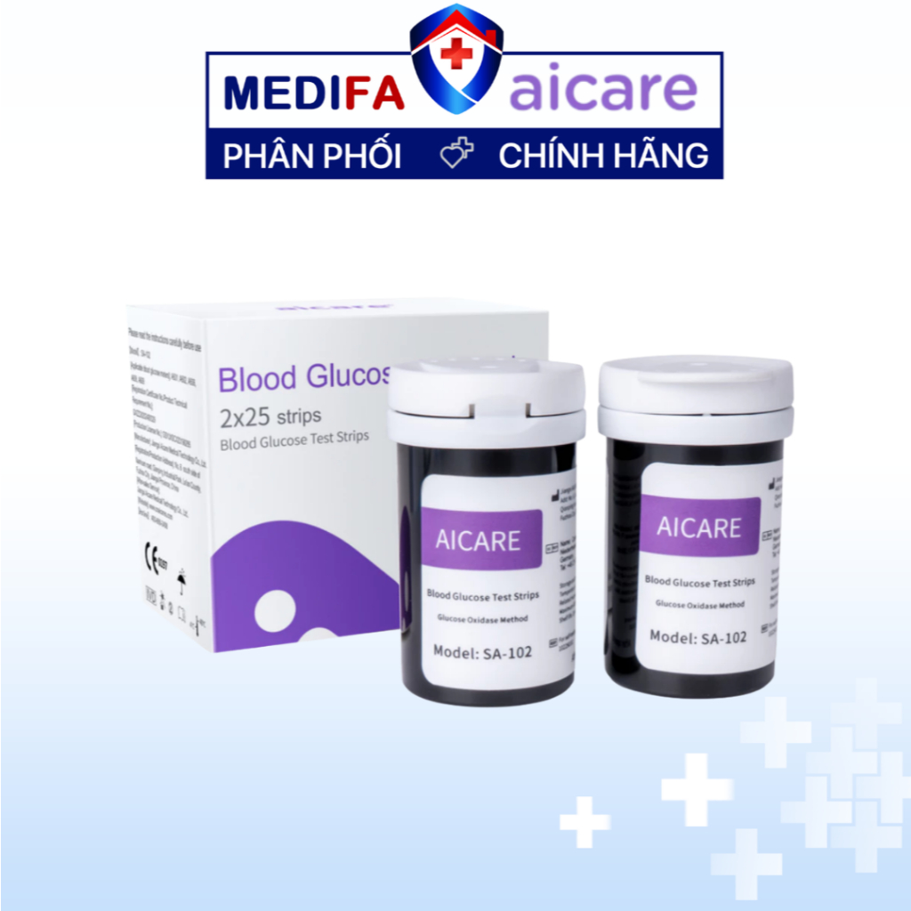 Hộp 50 Que Thử Đường Huyết AiCare SA102 Và 50 Kim Lấy Máu Dùng Cho Máy Đo Đường Huyết AiCare A608 và