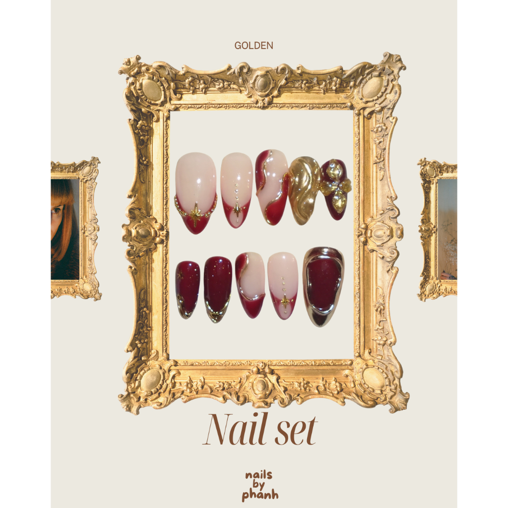 VALERIA Nailbox đỏ đô tráng gương vàng elegant red burgundy gold chrome