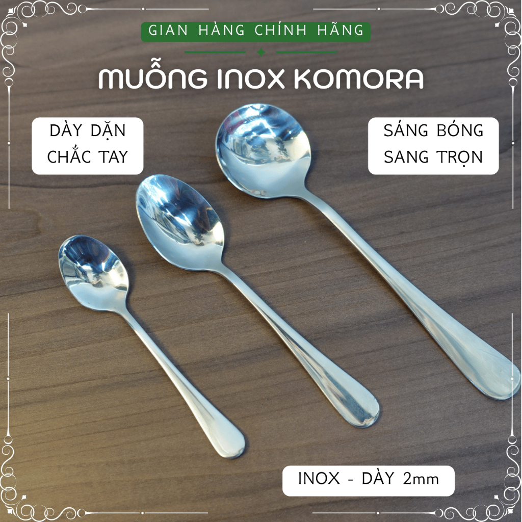 [Vỉ 2 Cái] Muỗng Inox KOMORA, Sáng Bóng Sang Trọng, Dày Dặn Chắc Tay