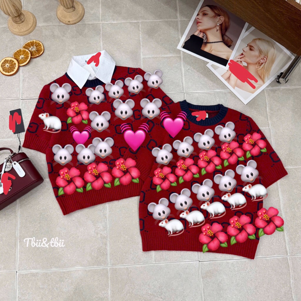 Áo len đỏ hoạ tiết G cộc tay cổ tròn hàng QC