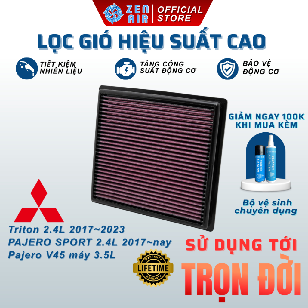 Lọc gió động cơ Mitsubishi TRITON, PAJERO SPORT hiệu suất cao Zen Air | Dùng trọn đời