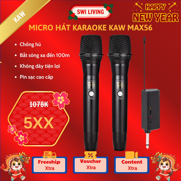 Micro không dây đa năng KAW/SWI-MAX56, thế hệ mới, hát nhạy,chống hú rít,Pin sạc cao cấp,Bắt Sóng Xa