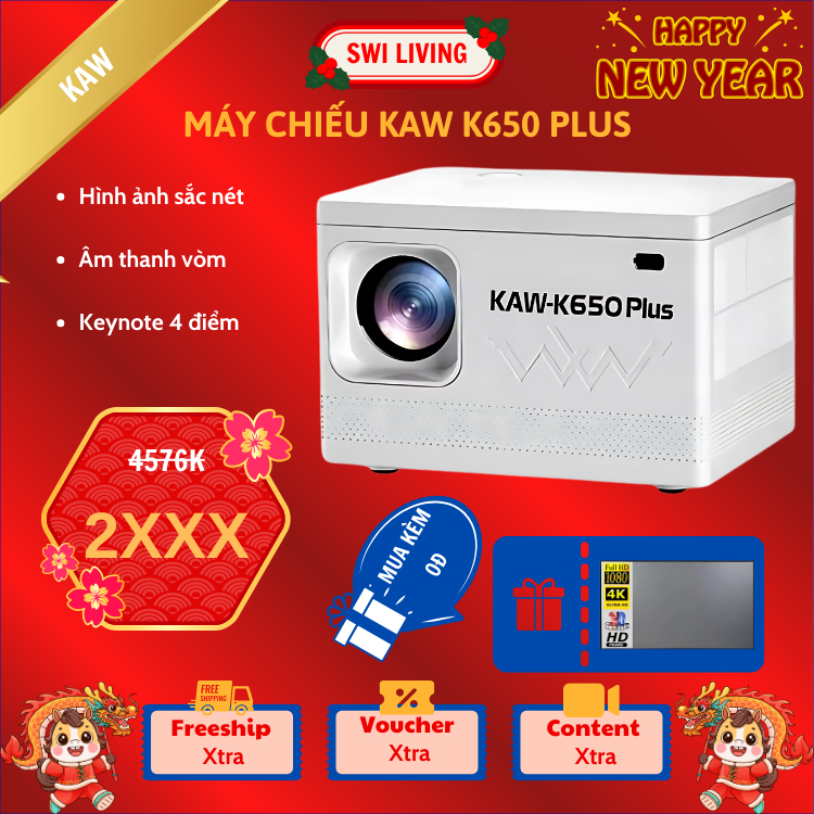 Máy Chiếu 4K Siêu Nét KAW/SWI K650 Plus, Giá Rẻ, Chất Lượng, Full HD 1080p,Keystone 4 điểm,Bluetooth
