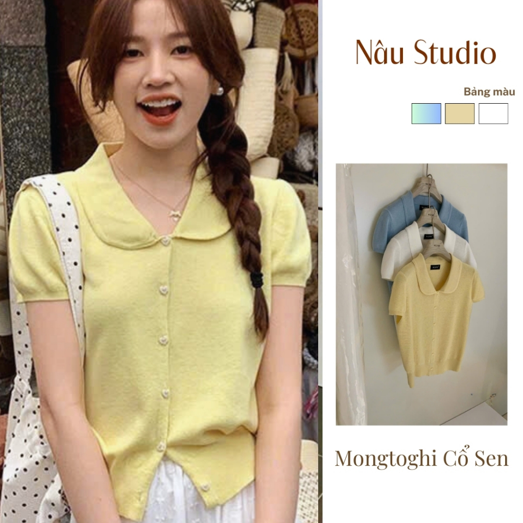 Nâu Studio Áo Mongtoghi Cổ Sen (Peter Pan Collar Knit Top).Mỏng Nhẹ,Co Giãn Tốt Mặc Bốn Mùa.
