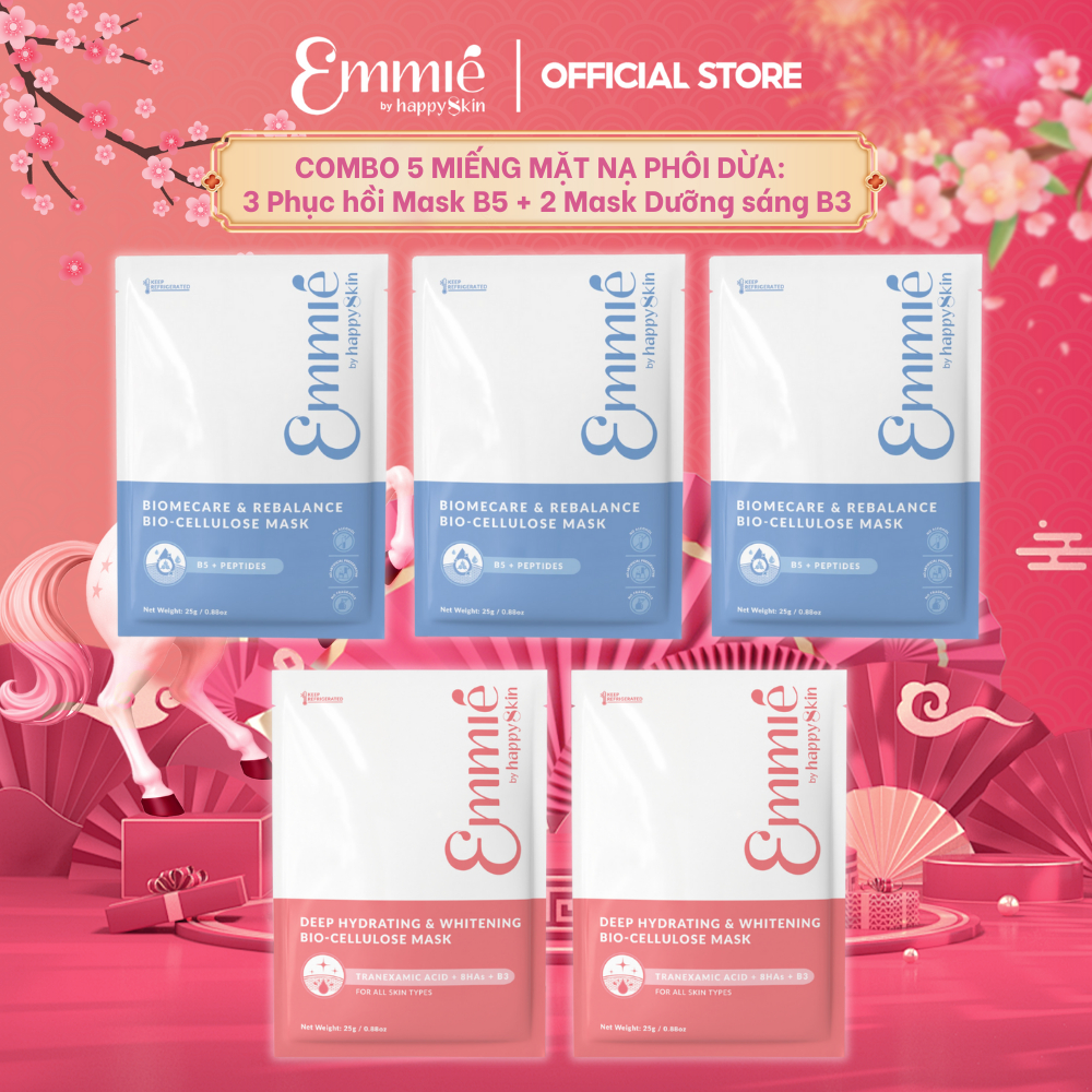 COMBO Trải nghiệm 5 Mặt nạ phôi dừa Emmié: 3 mask phục hồi B5 + 2 mask dưỡng trắng B3 25gx5 Emmie by