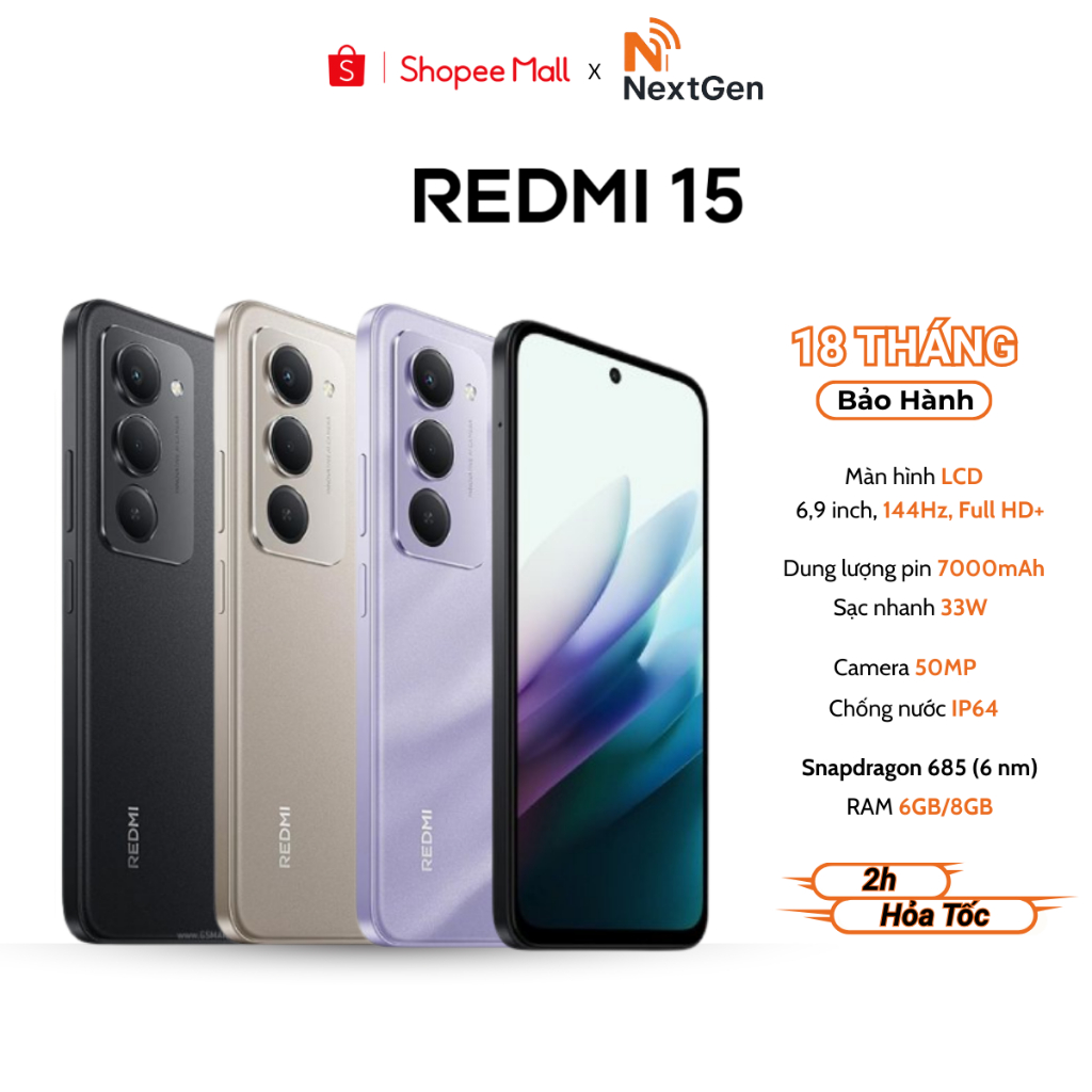 Điện Thoại Thông Minh Xiaomi Redmi 15 6/128GB - 8/128GB Có Tiếng Việt - Bảo hành 18 Tháng