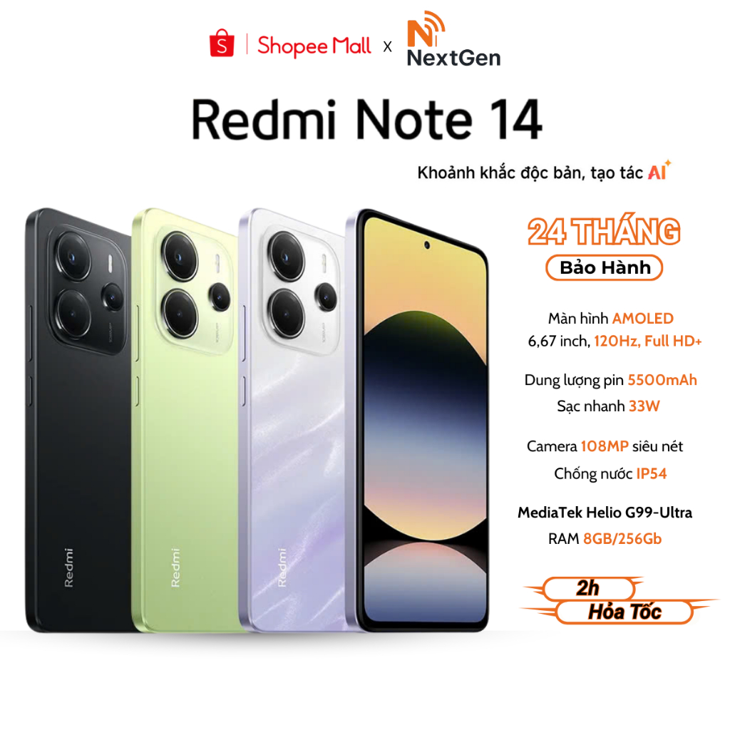 Điện Thoại Thông Minh Xiaomi Redmi Note 14 6/128GB - 8/128GB - 8/256GB Bản Quốc Tế - Bảo hành 24 Thá