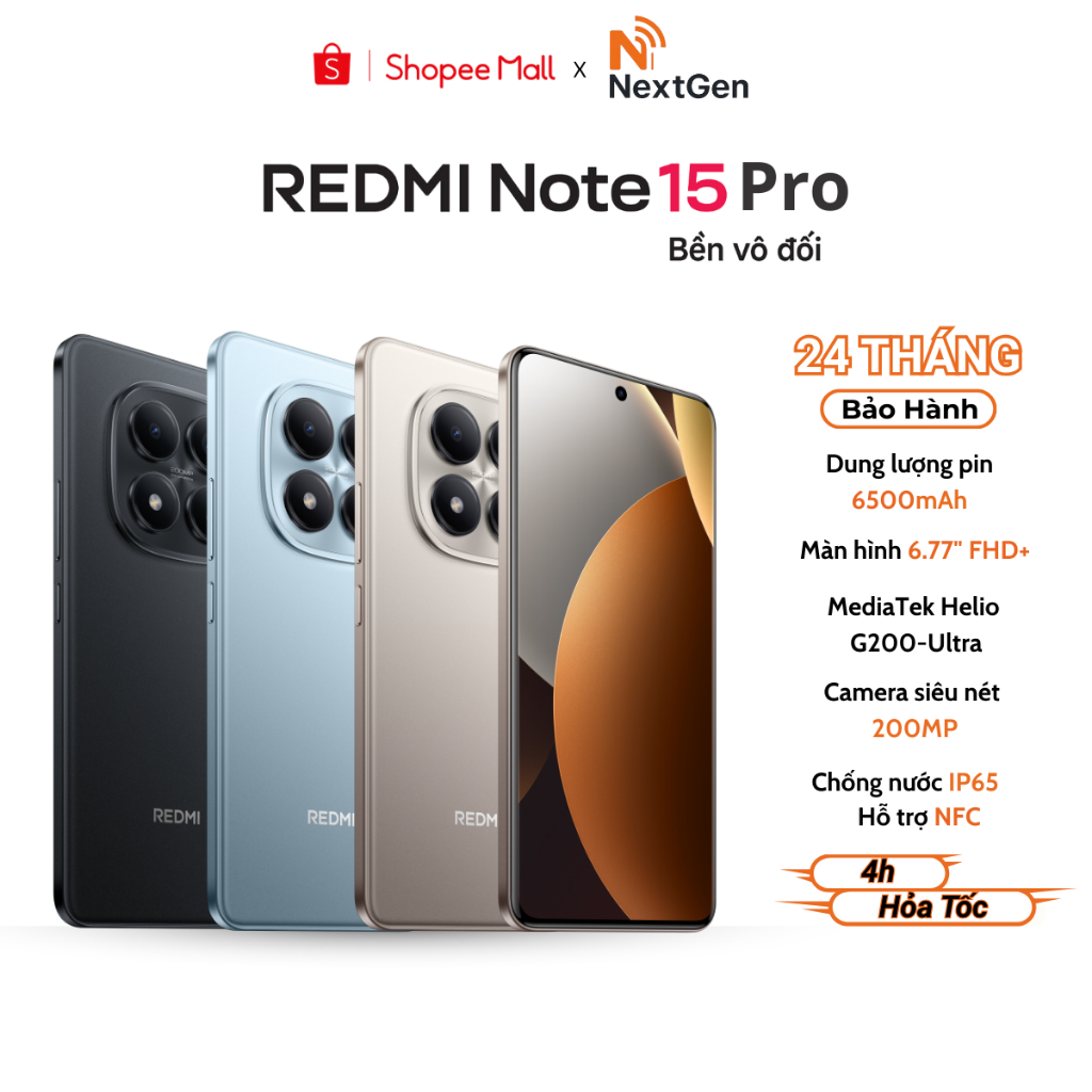 Điện thoại Xiaomi Redmi Note 15 Pro 4G - Pin 6500 mAh, Màn Hình 6.77 Inch - Bảo Hành 24 Tháng Chính 