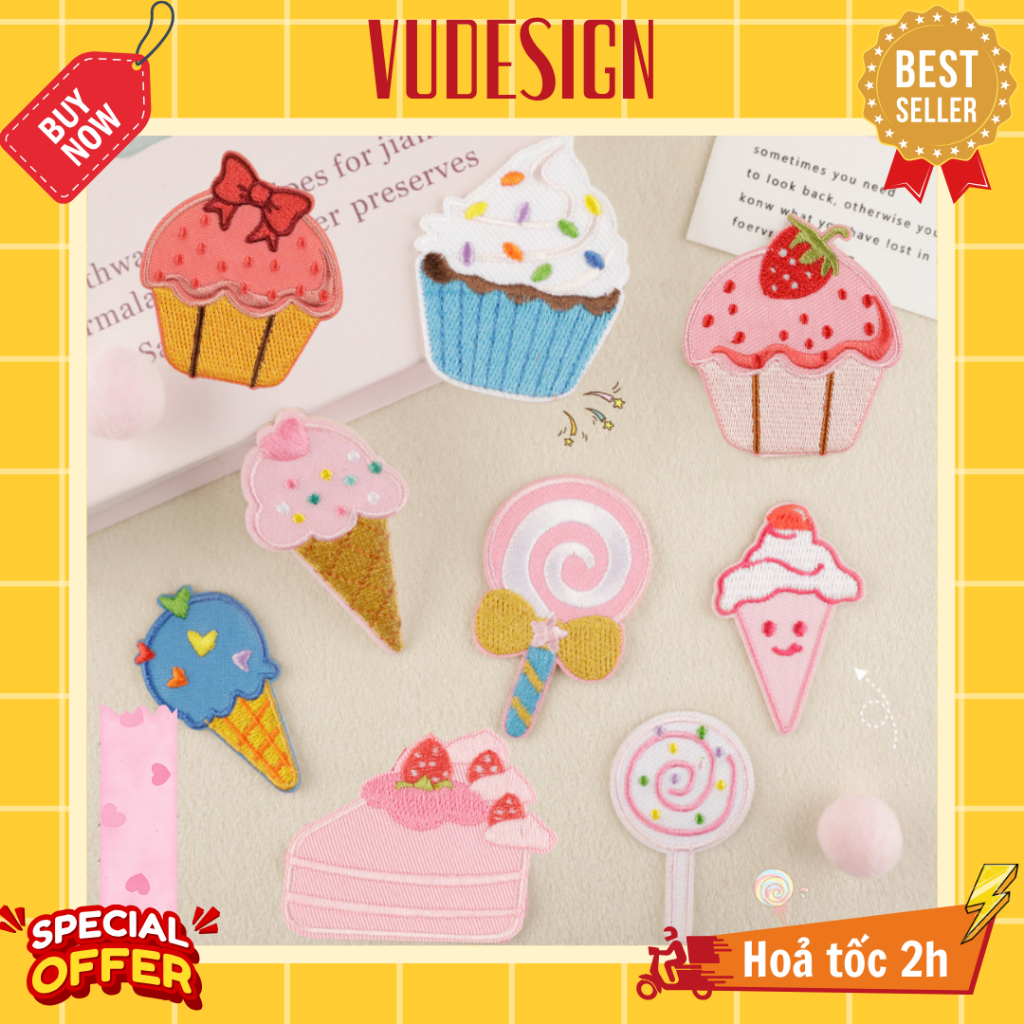 Sticker Vải, Sticker Ủi Thêu Quần Áo, Balo Bánh Kem Sinh Nhật Cupcake Donut Cookie Happy Birthday Pa