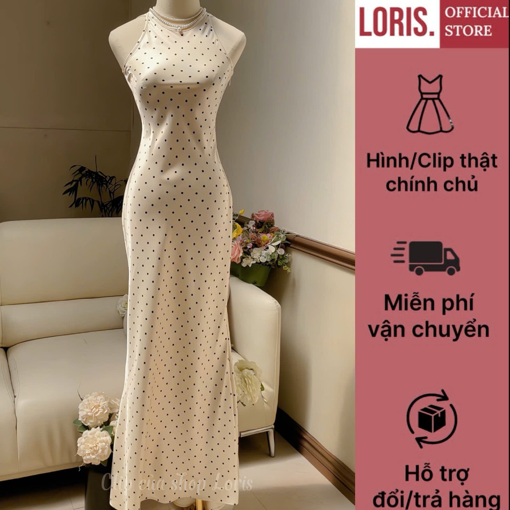 LORIS - Lica dress, Đầm lụa cổ yếm chấm bi