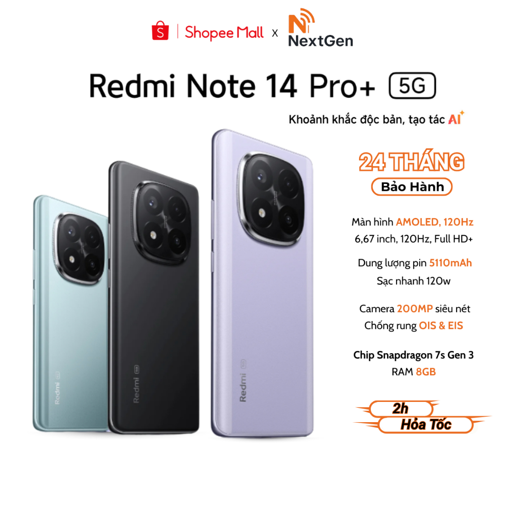 Điện thoại Redmi Note 14 Pro+ (Plus) 5G 8/256GB - Quốc Tế Chính Hãng Bảo Hành 24 Tháng - (Nguyên Sea