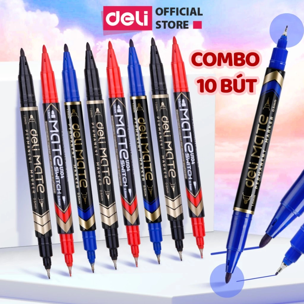 Combo 10 Bút Lông Dầu 2 Đầu Deli Mực Không Trôi Viết Trên Nhiều Bề Mặt Bút Dạ Viết Bảng Không Xoá Được