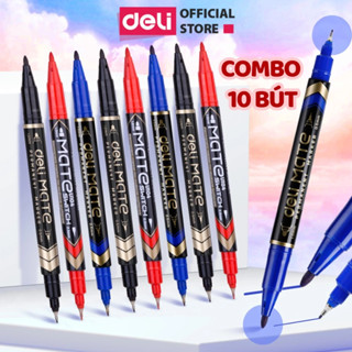 Combo 10 Bút Lông Dầu 2 Đầu Deli Mực Không Trôi Viết Trên Nhiều Bề Mặt Bút Dạ Viết Bảng Không Xoá Được