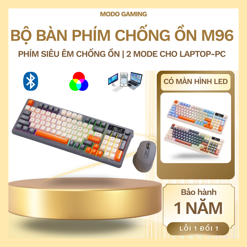 Bộ Bàn Phím Không Dây Bluetooth M96 LED 7 Màu, 2 Mode, Phím PBT Cao Cấp, Gõ Êm Chống Ồn Cho Win/ Mac