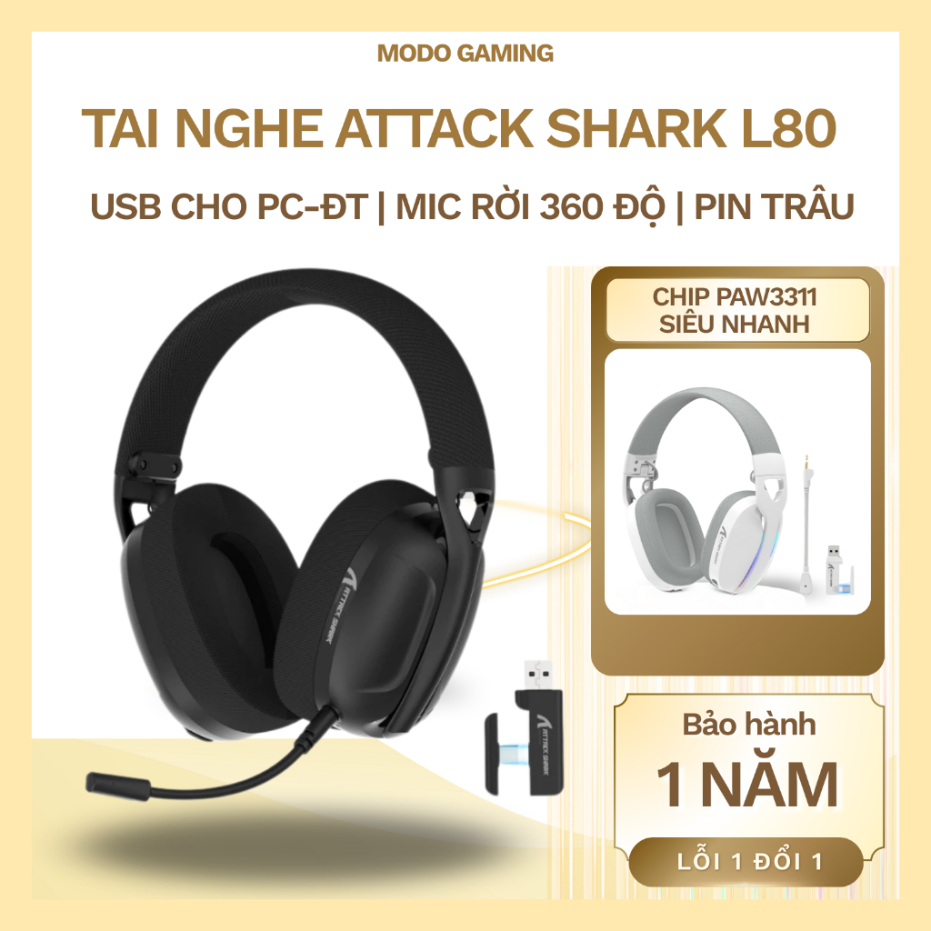 Tai Nghe Không Dây Chụp Tai Bluetooth Attack Shark L80 Super Bass Âm Thanh Vòm Có Mic Chơi Game .