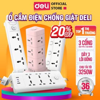 [TRỢ GIÁ] Ổ Cắm Điện DELI Sạc NhanhPD20W Tích Hợp USB - Ổ Điện Đa Năng 2500W An Toàn Có Cầu Chì