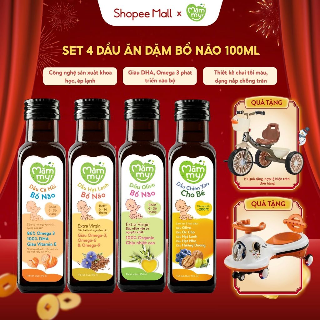 Combo 4 Dầu Ăn Dặm Cho Bé 6 tháng dầu bổ não Mămmy Cá hồi, Hạt lanh, Olive, Chiên xào chai 100ML