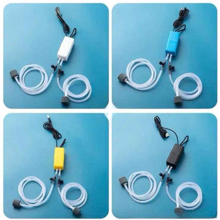 Máy sủi oxy mini siêu êm (1 vòi, 2 vòi) máy sục oxi bể cá cảnh bơm khí khi đi câu hồ cá, kết nối USB