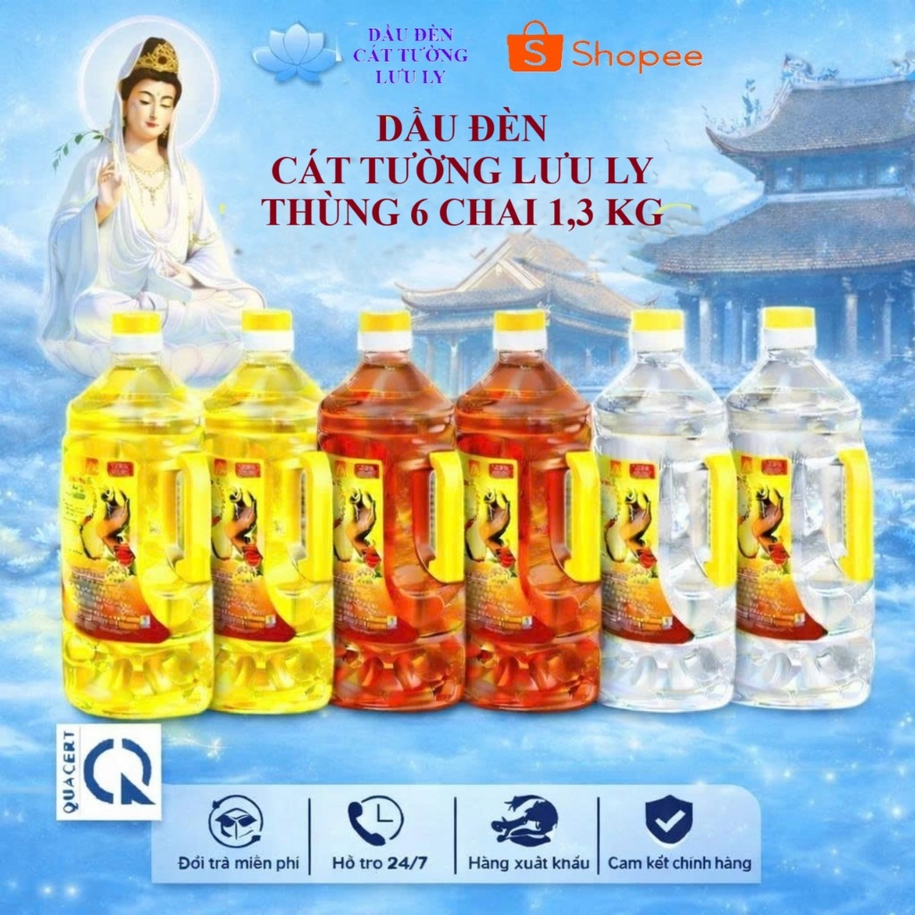 1 Thùng 6 Chai Dầu Đèn Cát Tường Lưu Ly 1,3Kg (1,82 Lít) – 3 Màu Trắng, Vàng, Đỏ