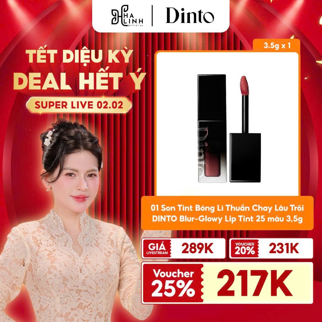 [Võ Hà Linh x Dinto] Son Tint Bóng Lì Thuần Chay Lâu Trôi DINTO Blur-Glowy Lip Tint 25 màu 3,5gam